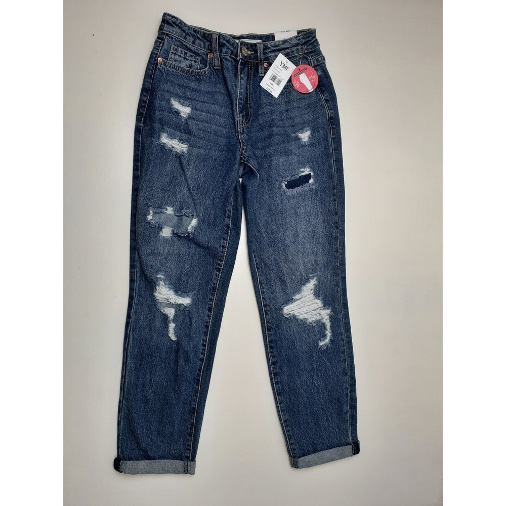YMI Hybrid Denim Boyfriend Cuffed Blue Distressed Denim Jeans Mid-Rise Sz. 1/25